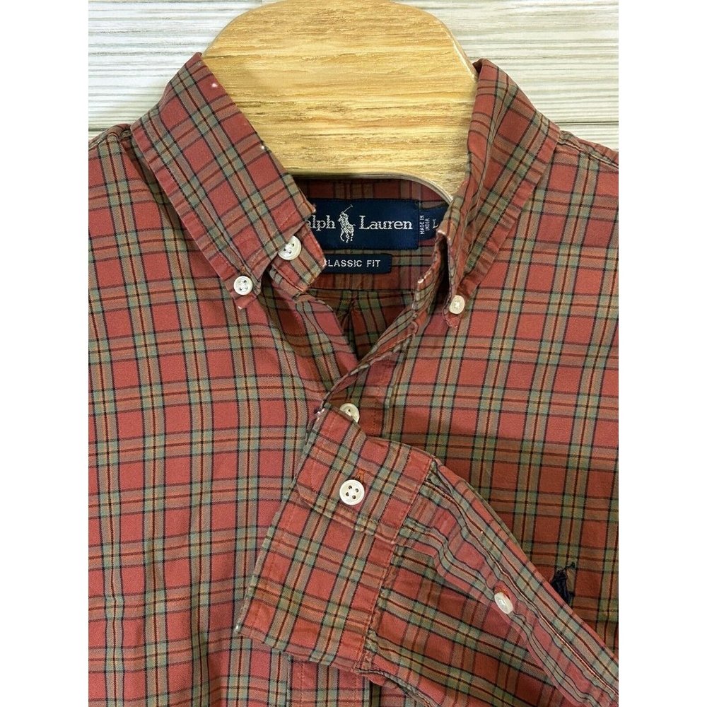 Polo Ralph‎ Lauren Mens Oxford Shirt Red Multi Check Plaid Long Sleeve Cotton Lg